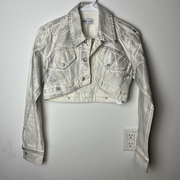 Zara Jacket Womens Small Silver White Cropped Metallic Coated Denim Snap Front - Picture 1 of 6